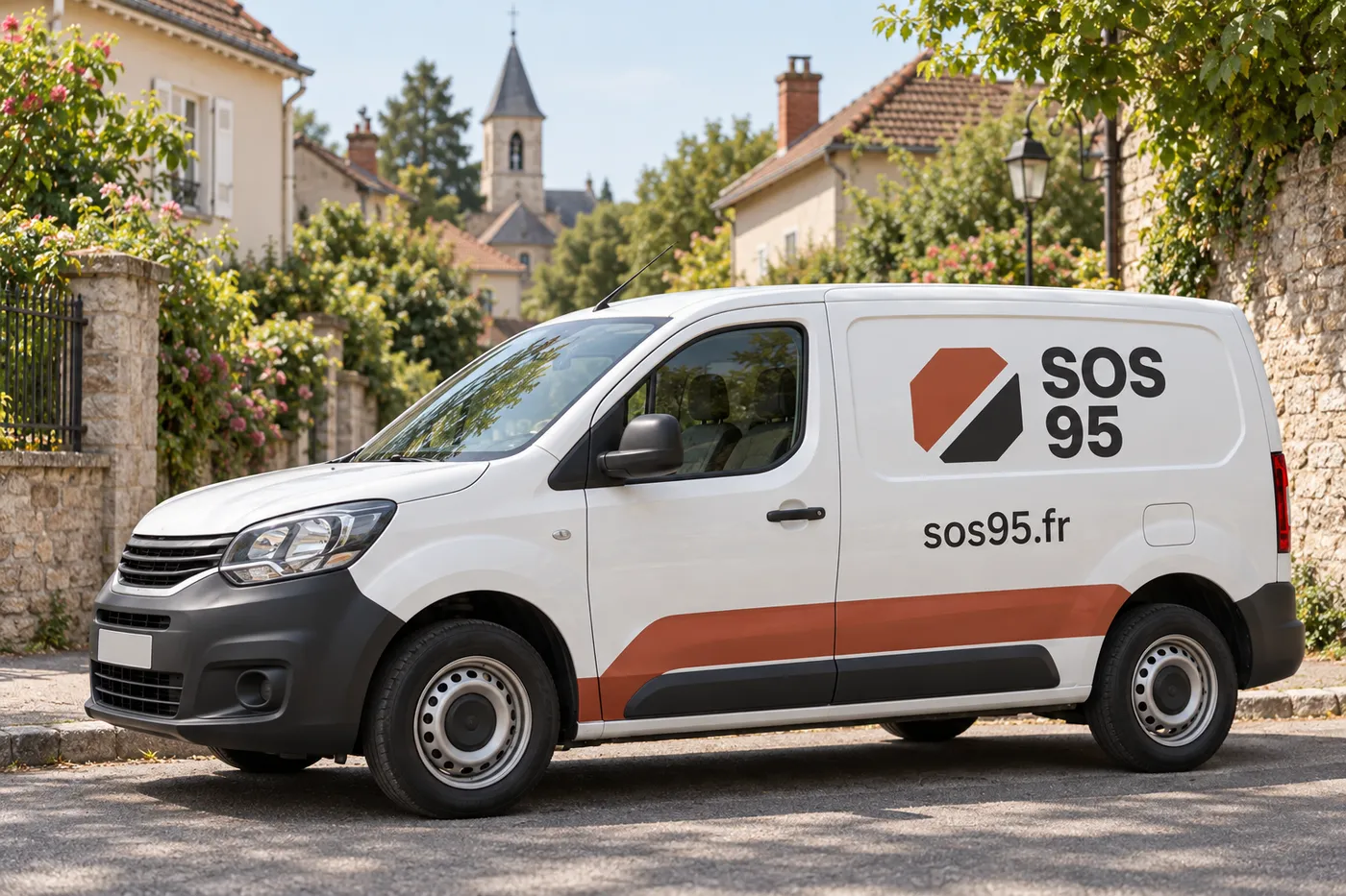 Camionnette blanche SOS 95 au marquage sos95.fr garée dans une rue résidentielle de la vallée de Montmorency